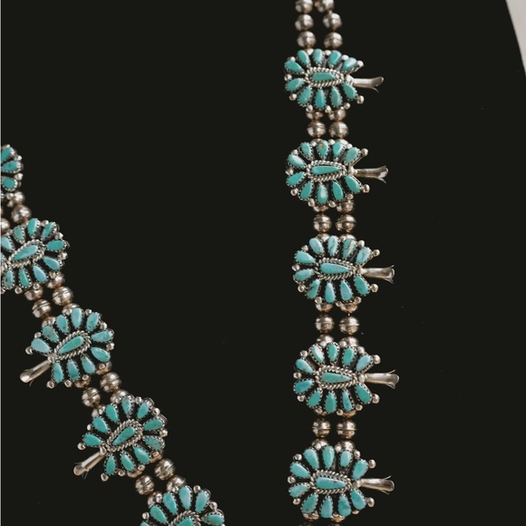Vintage Signed Squash Blossom Sterling Silver Necklace and Earrings  Set - Picture 4 of 16